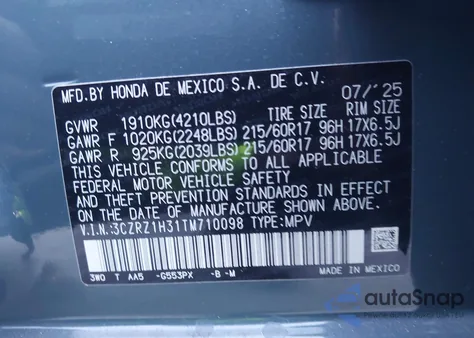 2026 Honda Hr-V 2Wd Lx z USA, uszkodzony, nr VIN 3CZRZ1H31TM710098